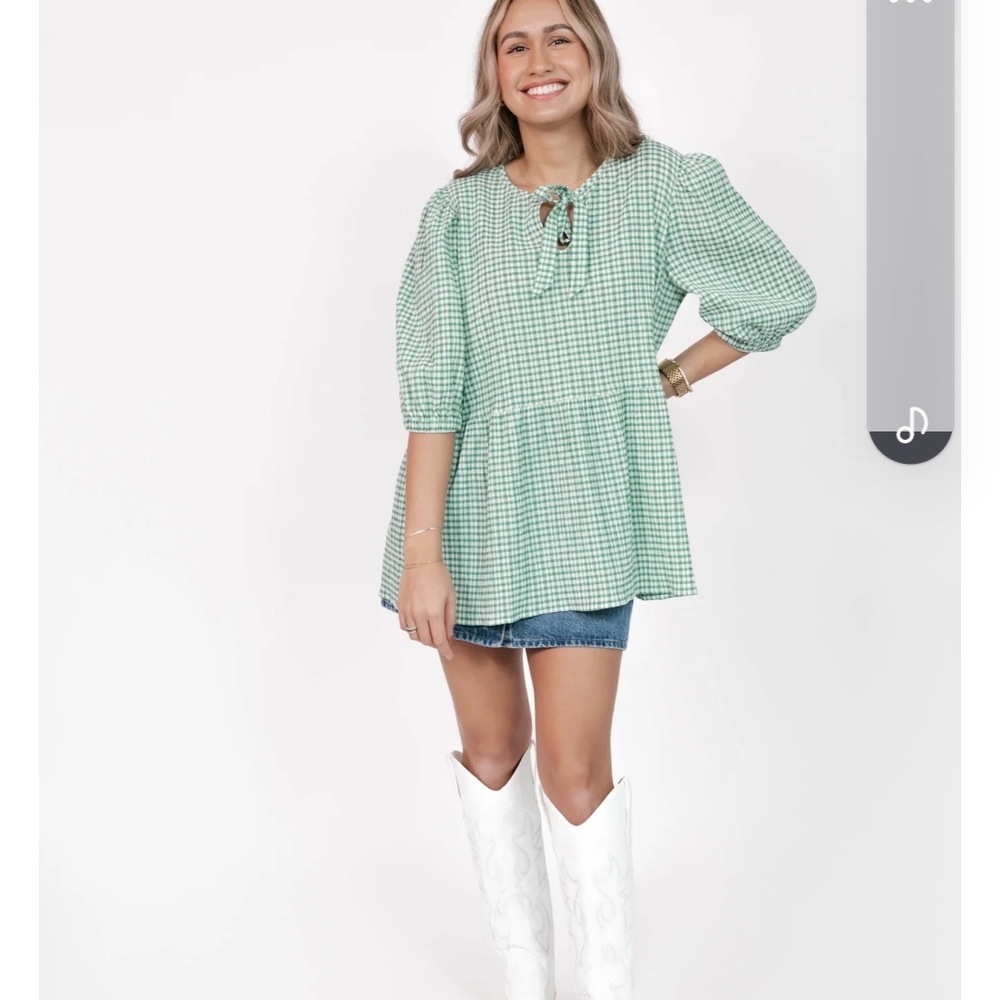 Valentina Puff Sleeve Top In Green/White Gingham